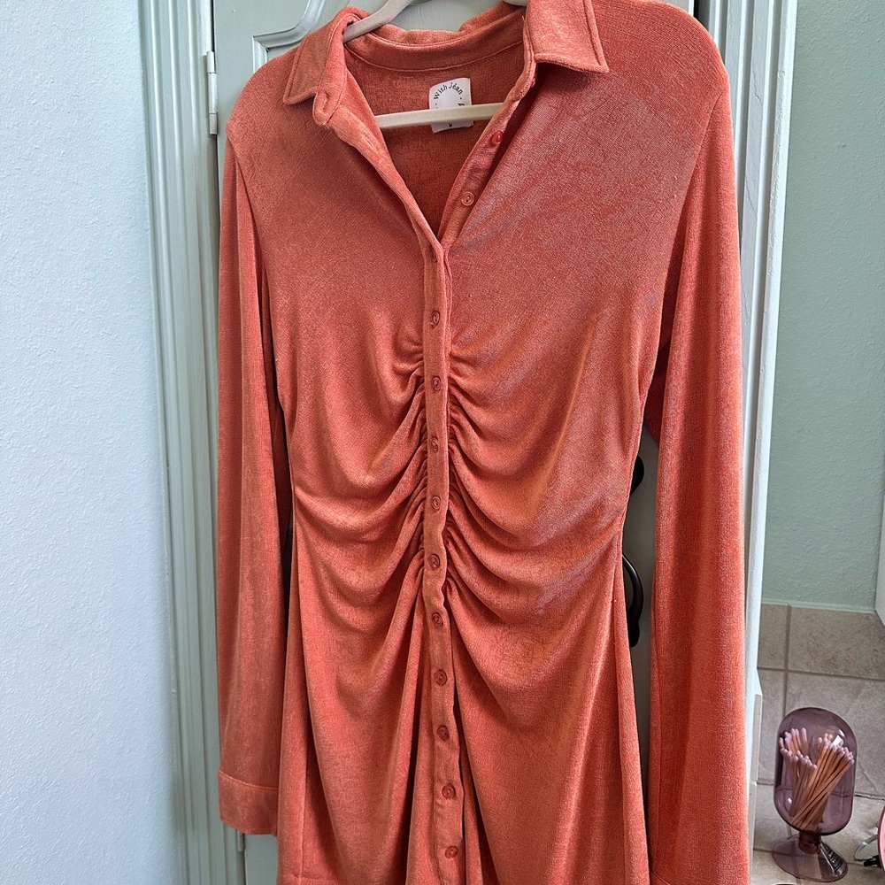 With Jéan orange rouched mini dress